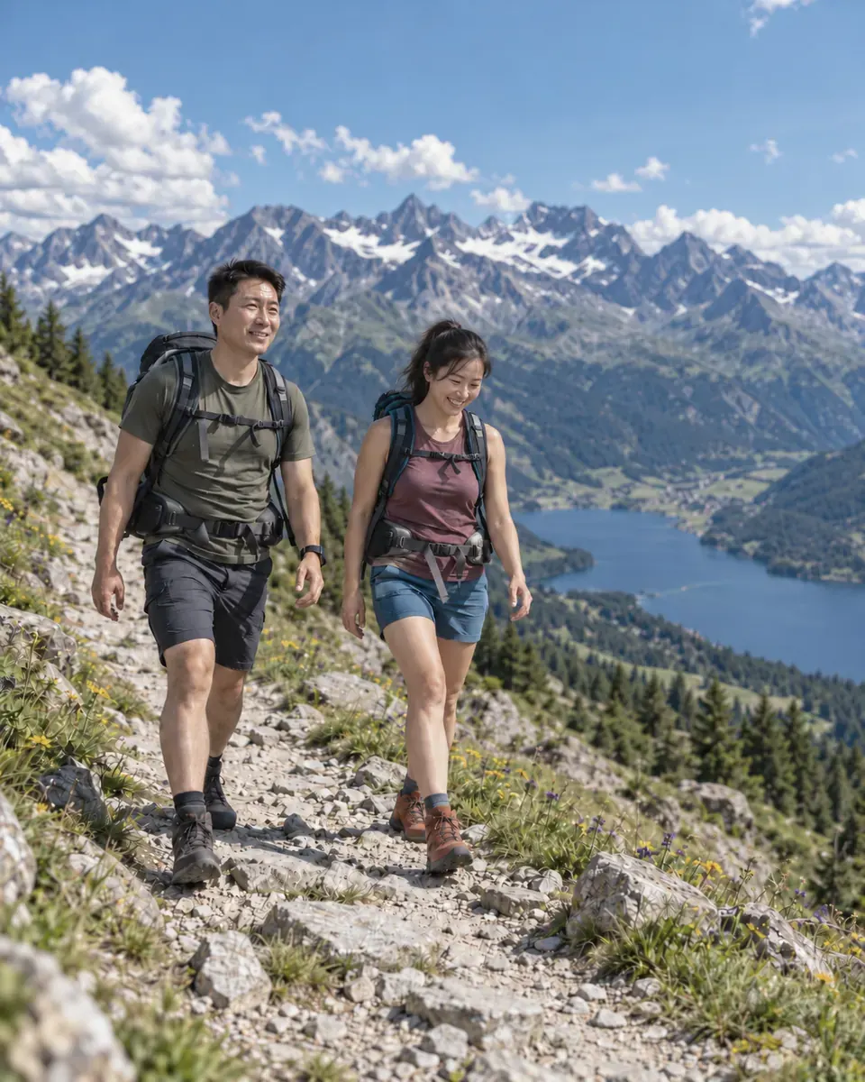 Couple walking on a mountain trail