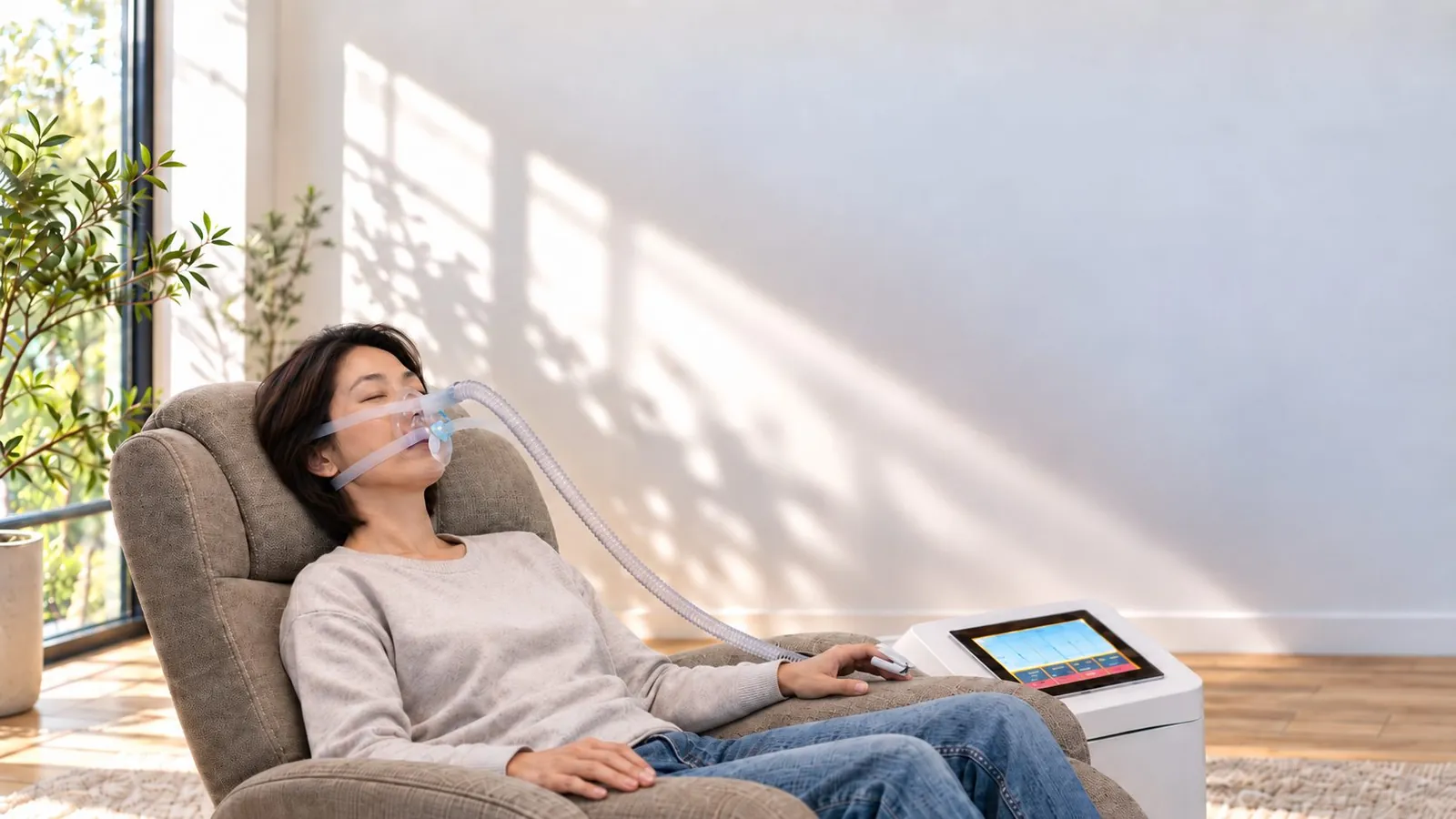 Woman relaxing in an armchair during a hypoxbreath session